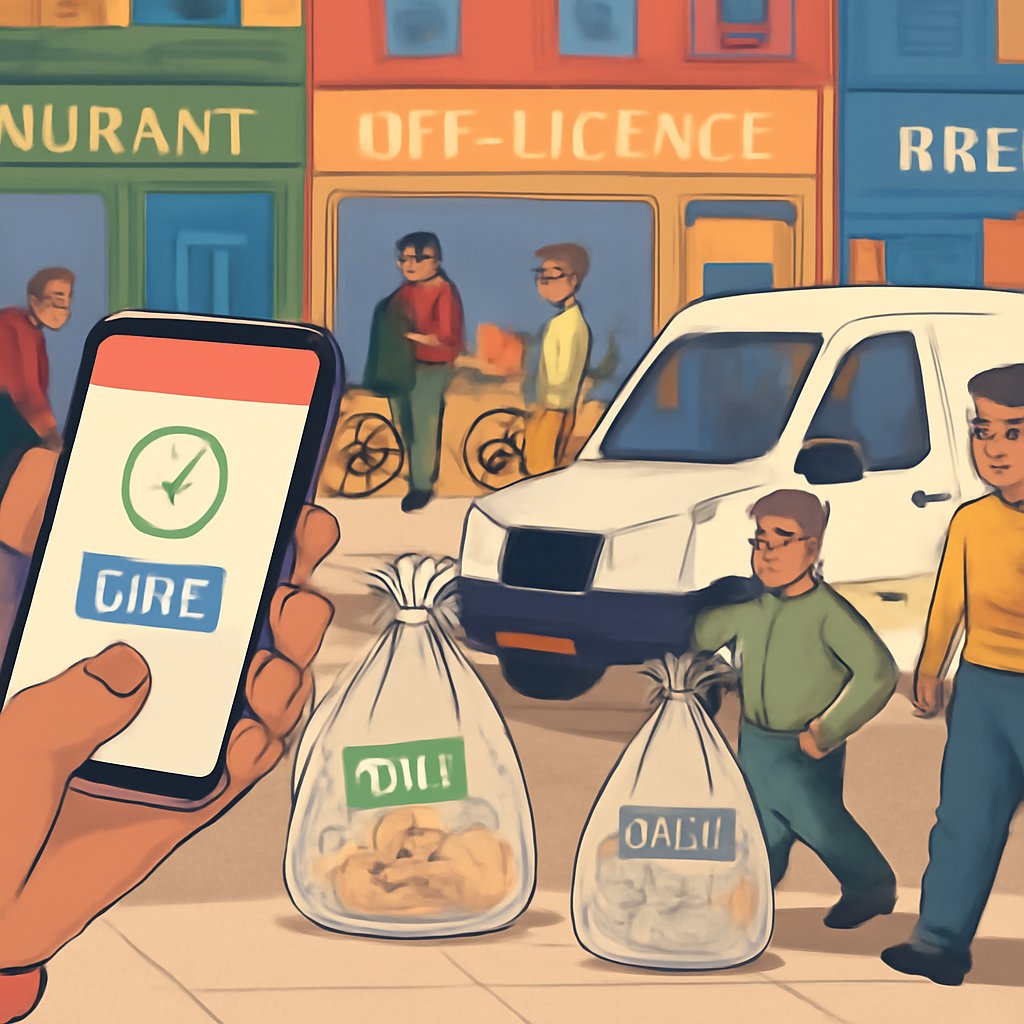 Illustration of a SE London street with small businesses using clear recycling bags and a local collection van.